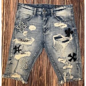 SMOKE RISE Mens 34 Embroidery Distressed Graffiti JEAN SHORTS Grunge Streetwear